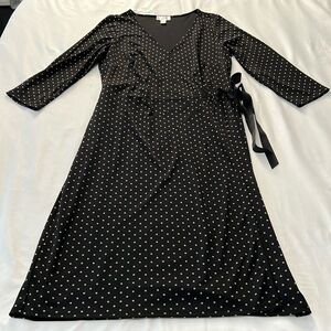 LOFT Black/Taupe Polka Dot Wrap Dress with Ribbon Tie
